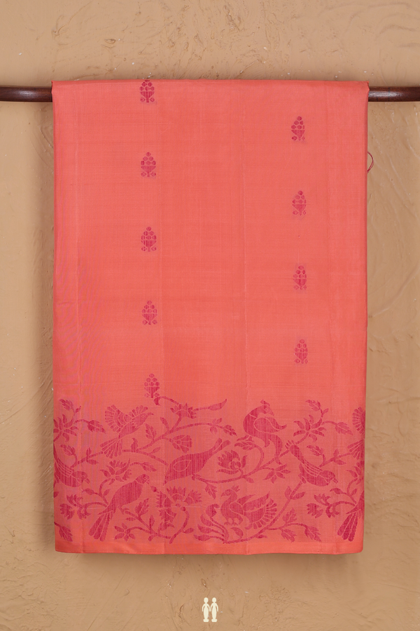 Soft Silk Saree In Peach Pink With Threadwork Buttas