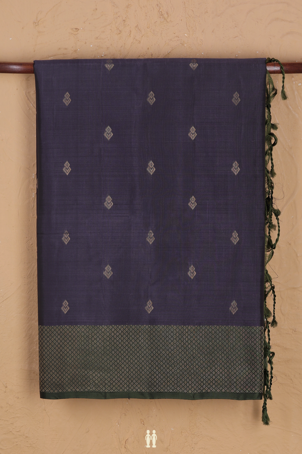 Soft Silk Saree In Dark Grey With Zari Buttas