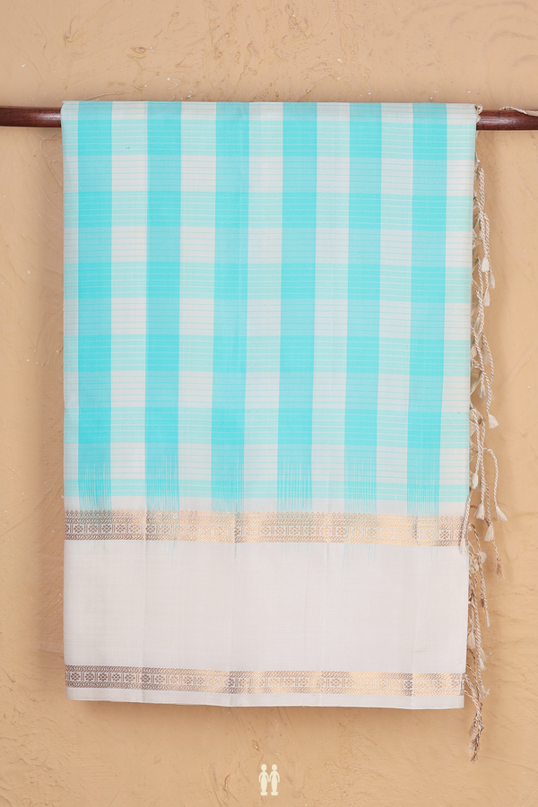 Soft Silk Saree In Blue And Cream With Checks Design