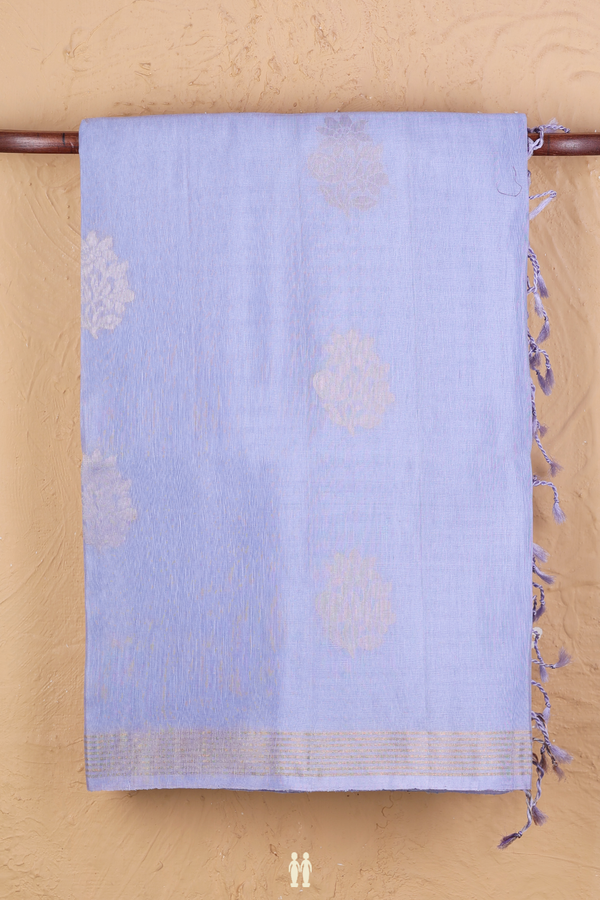 Linen Saree In Dusty Blue With Floral Buttas