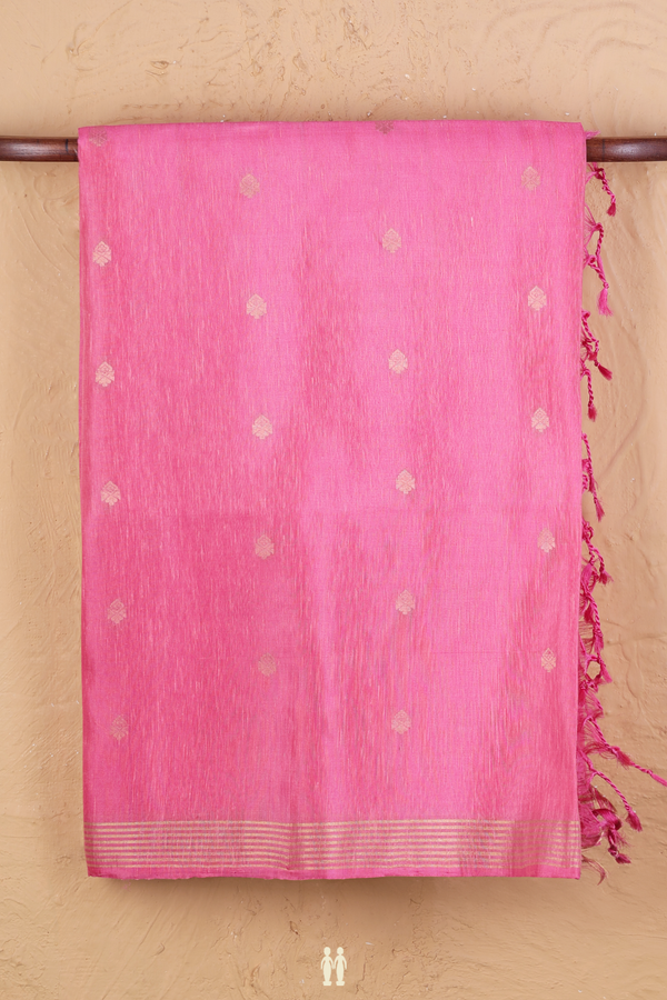 Linen Saree In Pink With Zari Buttas
