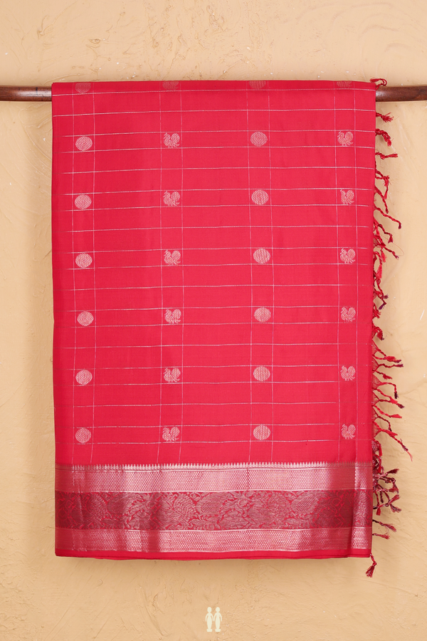Soft Silk Saree In Scarlet Red Along Checks With Buttas