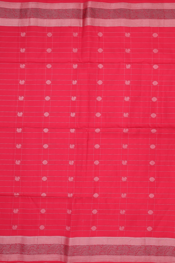 Soft Silk Saree In Scarlet Red Along Checks With Buttas
