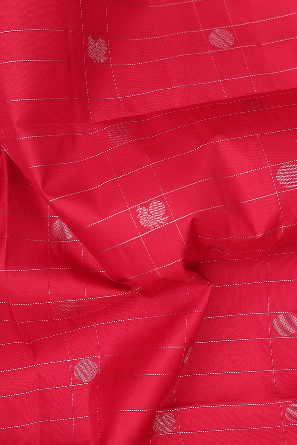 Soft Silk Saree In Scarlet Red Along Checks With Buttas