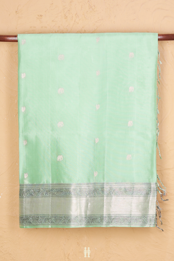 Soft Silk Saree In Mint Green With Peacock Buttas