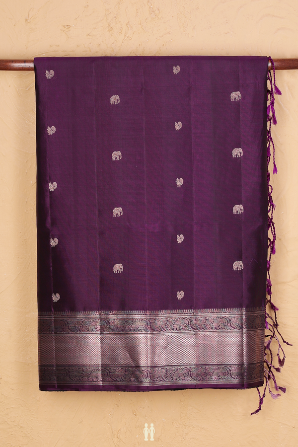 Soft Silk Saree In Regal Purple With Peacock Buttas