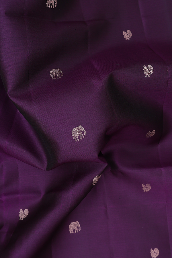 Soft Silk Saree In Regal Purple With Peacock Buttas