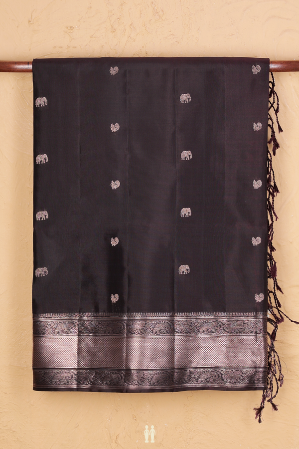 Soft Silk Saree In Dark Oak Brown With Peacock Buttas