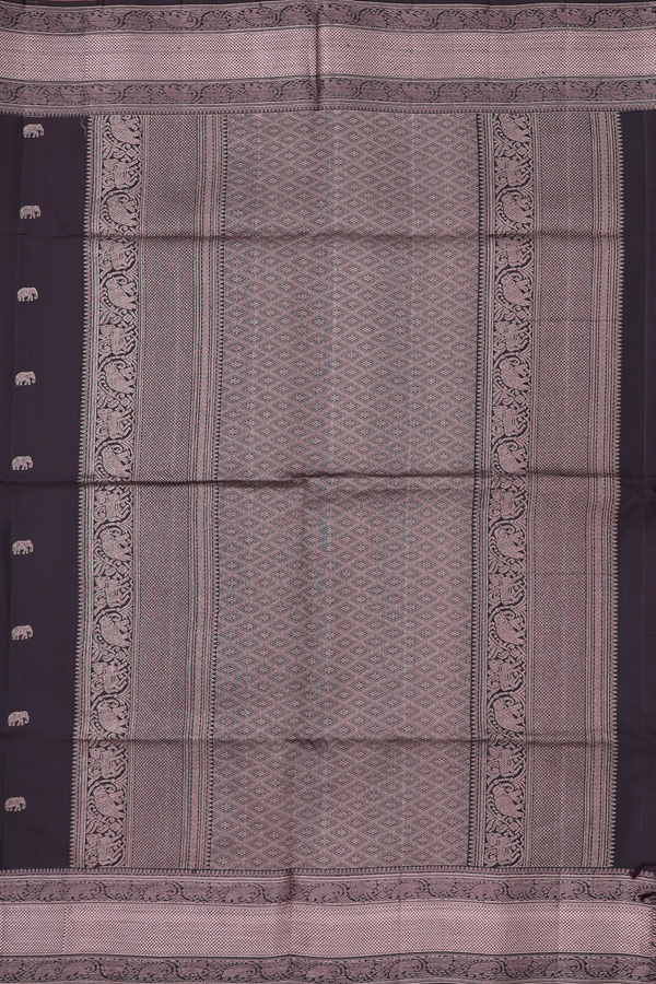 Soft Silk Saree In Dark Oak Brown With Peacock Buttas