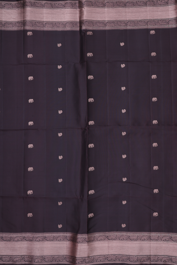 Soft Silk Saree In Dark Oak Brown With Peacock Buttas