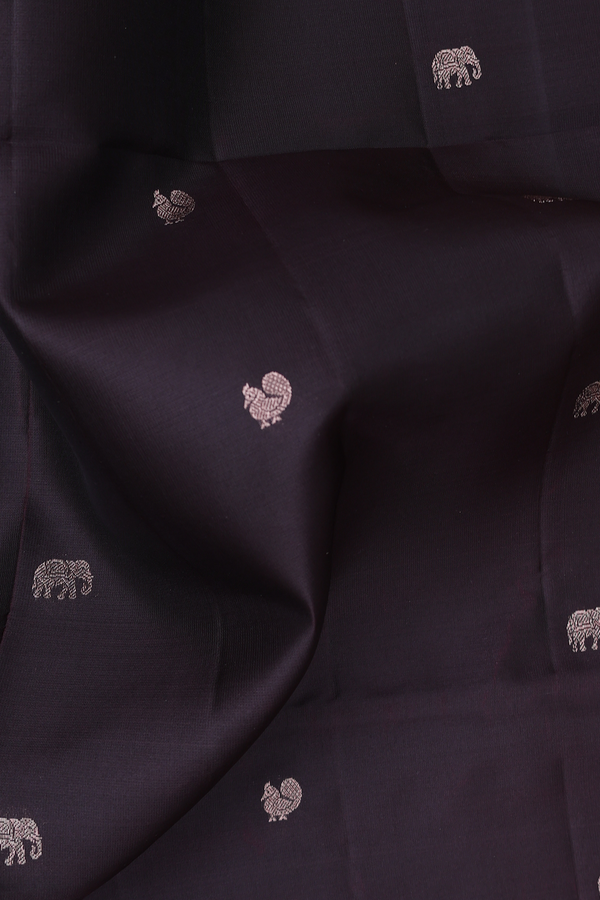 Soft Silk Saree In Dark Oak Brown With Peacock Buttas