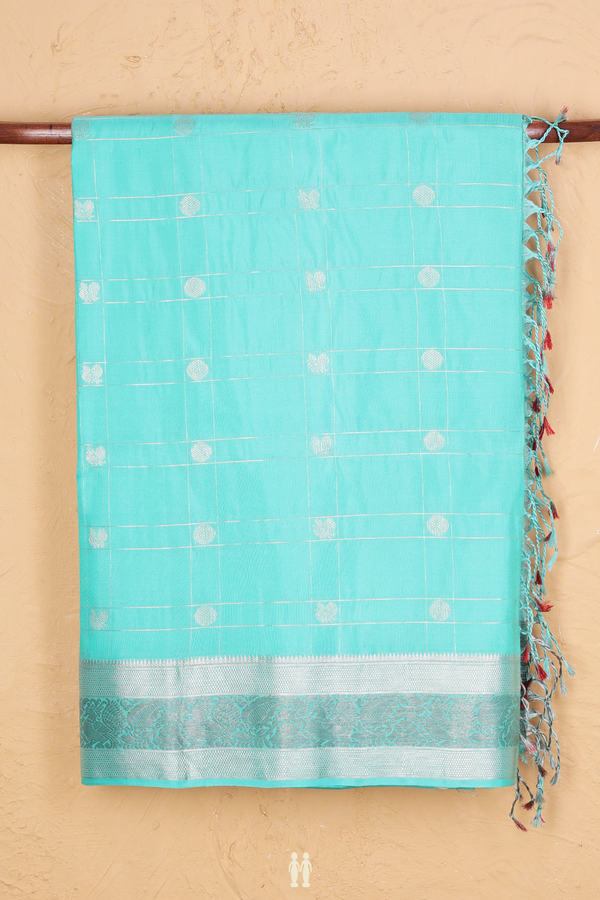 Soft Silk Saree In Tiffany Blue Along Checks With Buttas