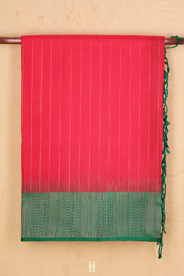 Soft Silk Saree In Scarlet Red With Stripes Design