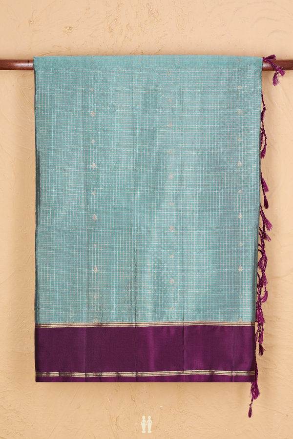 Soft Silk Saree In Aegean Blue With Checks Design
