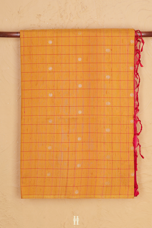 Soft Silk Saree In Yellow Along Checks With Buttas