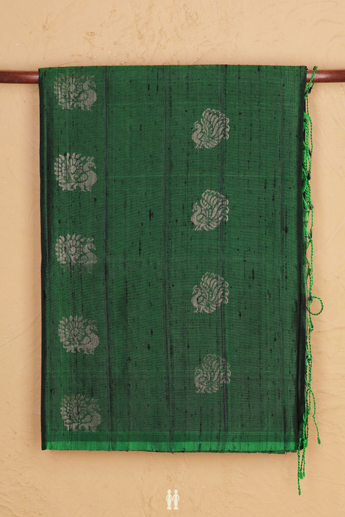 Soft Silk Saree In Green With Peacock Buttas