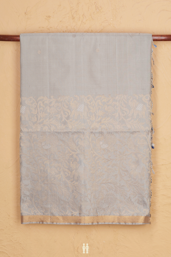 Soft Silk Saree In Grey With Zari Buttas