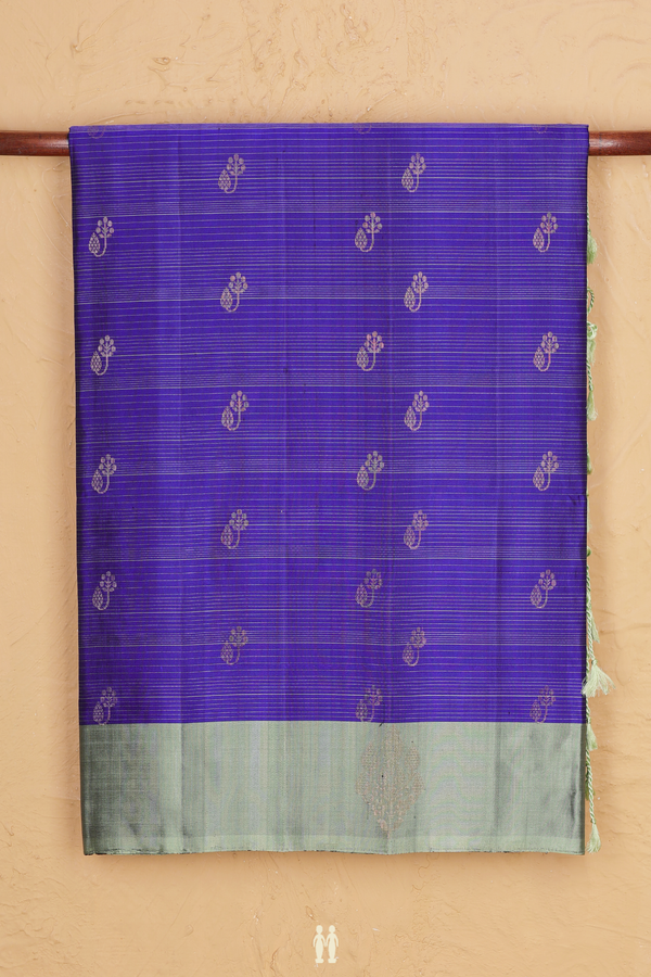 Soft Silk Saree In Royal Blue Along Stripes With Buttas