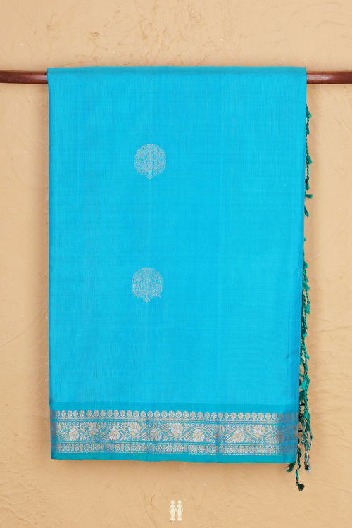 Soft Silk Saree In Blue With Zari Buttas