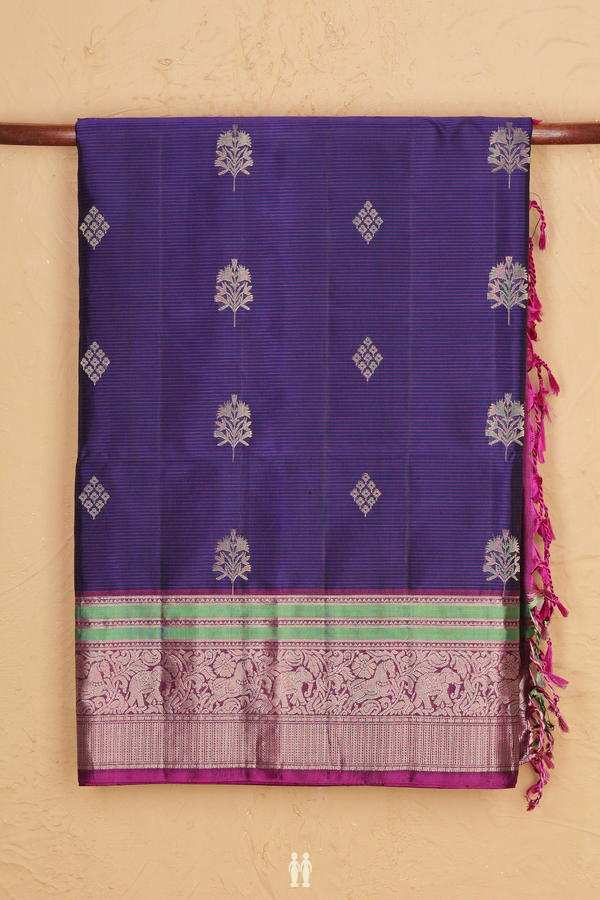 Soft Silk Saree In Navy Blue Along Stripes With Buttas