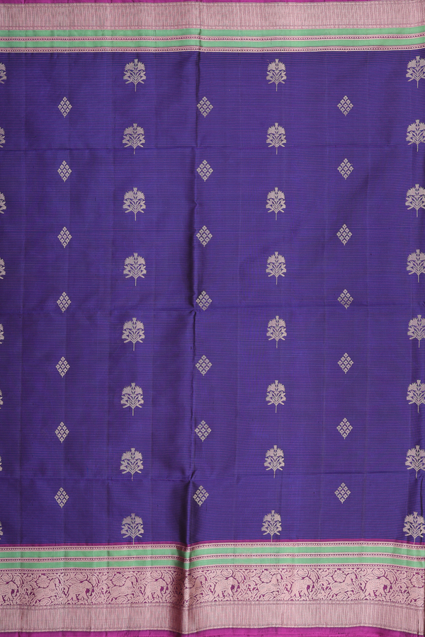 Soft Silk Saree In Navy Blue Along Stripes With Buttas