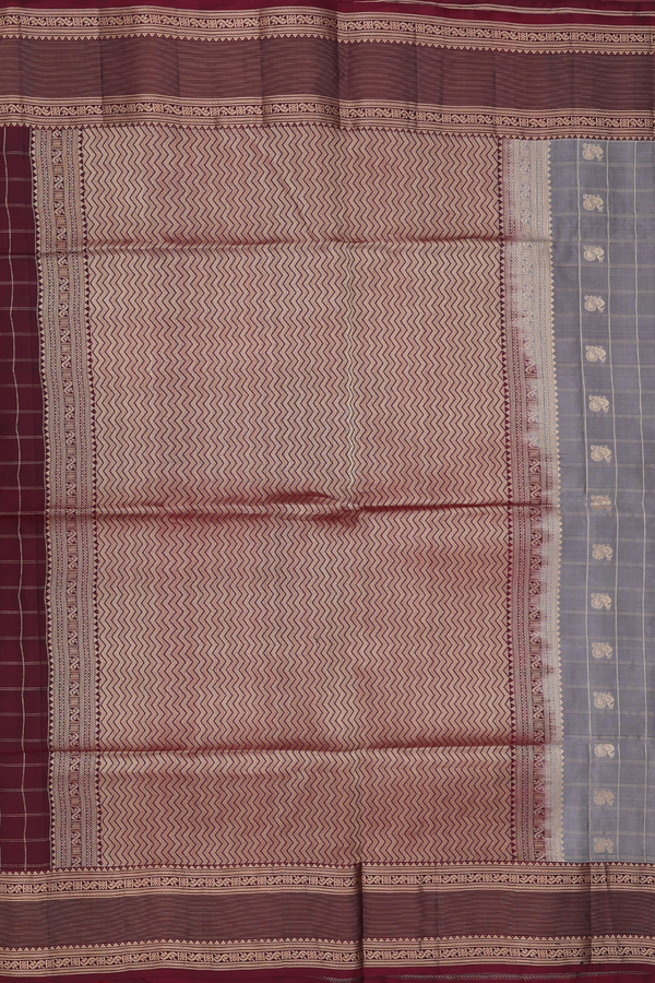 Soft Silk Saree In Grey Along Checks With Buttas
