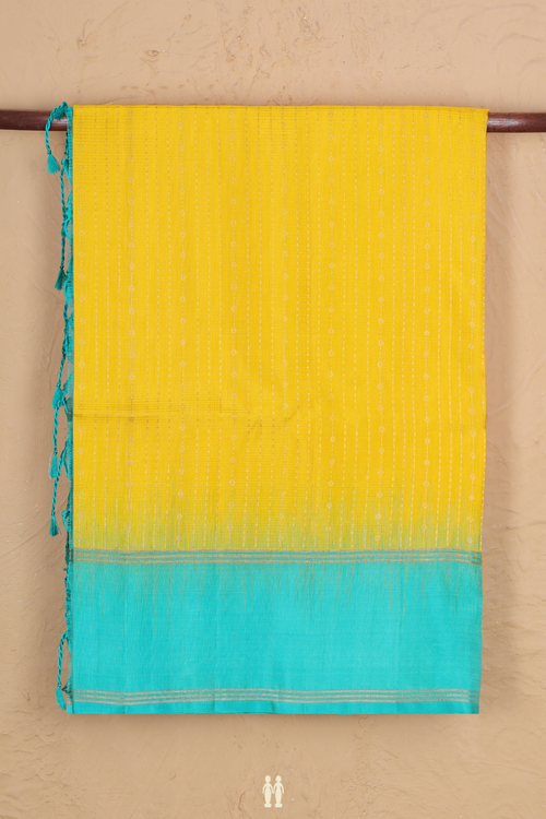 Soft Silk Saree In Saffron Yellow With Stripes Design