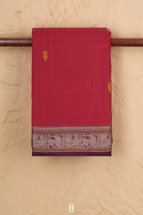 Coimbatore Cotton Saree In Hibiscus Red With Threadwork Buttas
