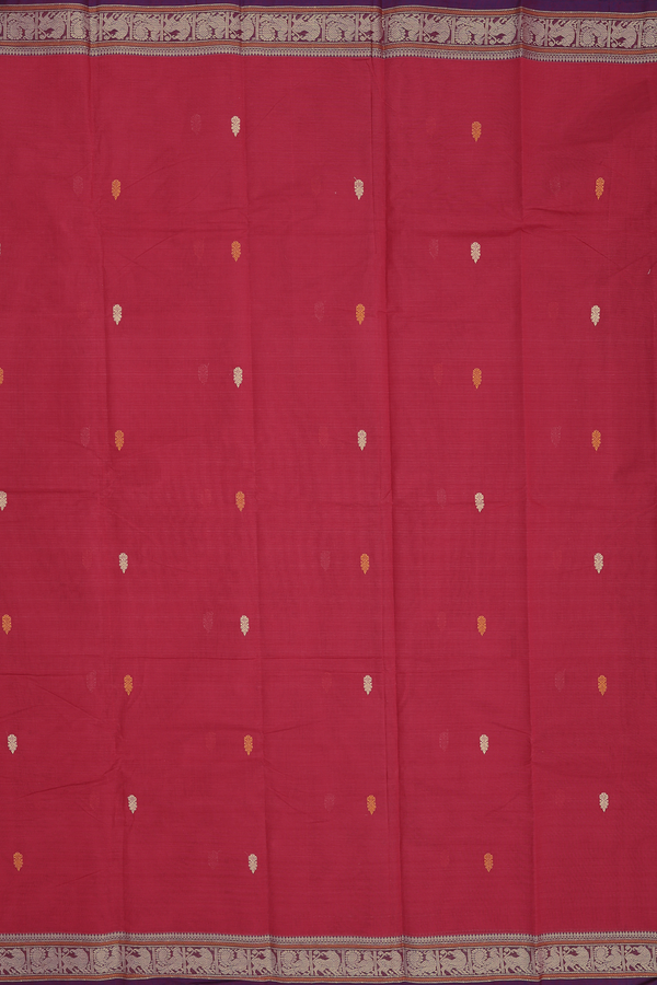 Coimbatore Cotton Saree In Hibiscus Red With Threadwork Buttas
