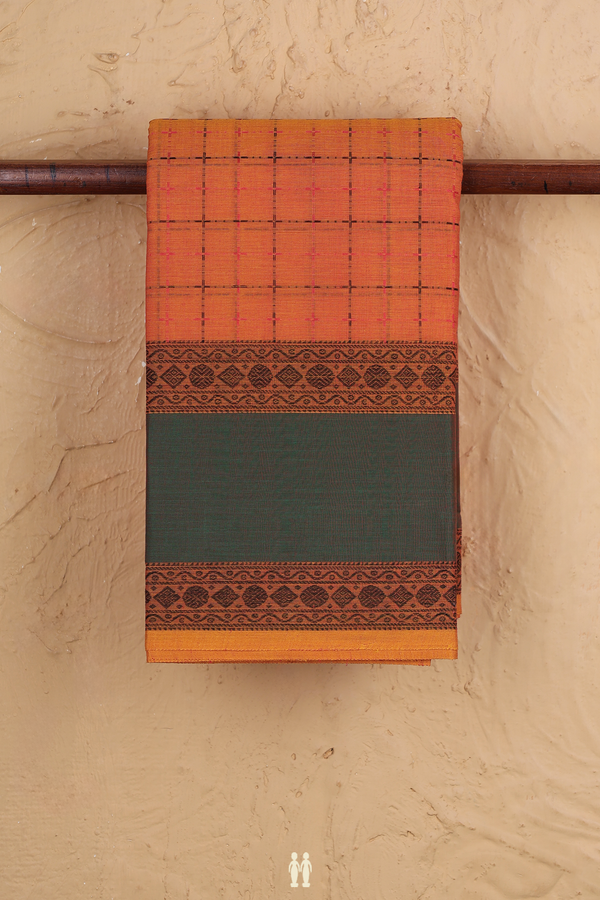 Coimbatore Cotton Saree In Bright Orange With Checks Design