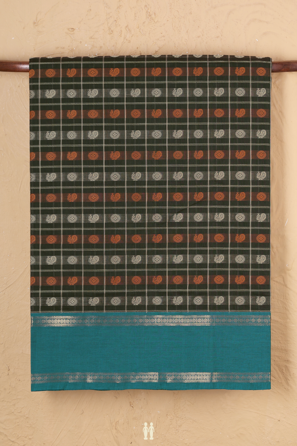 Coimbatore Cotton Saree Dark Olive Green With Checks Design