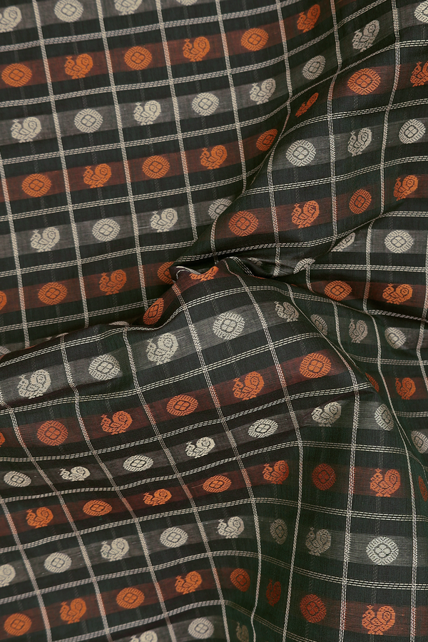 Coimbatore Cotton Saree Dark Olive Green With Checks Design