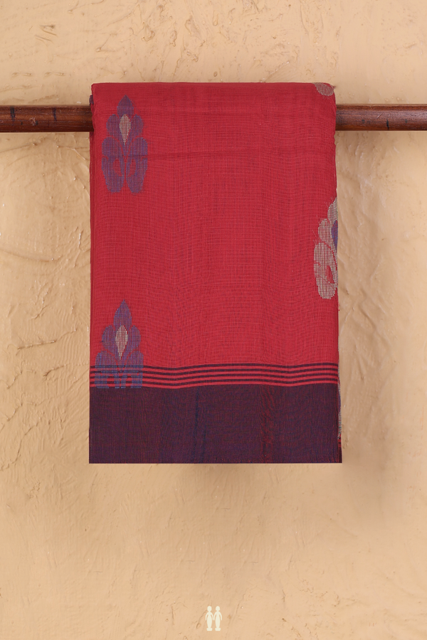 Kanchi Cotton Saree In Crimson Red With Floral Buttas