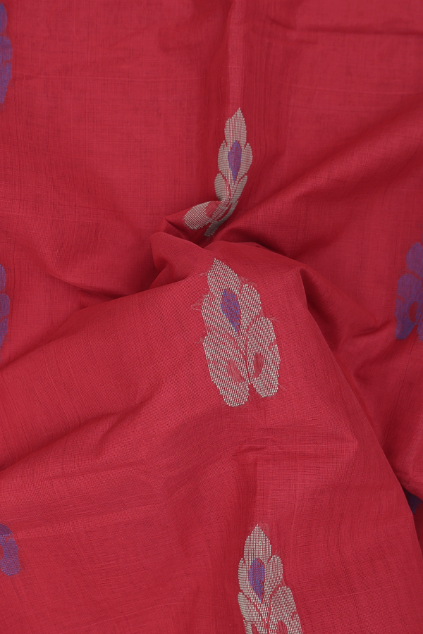 Kanchi Cotton Saree In Crimson Red With Floral Buttas
