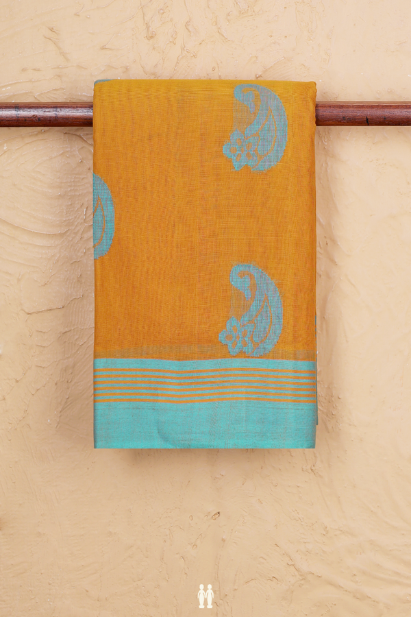 Kanchi Cotton Saree In Ochre Orange With Paisley Buttas
