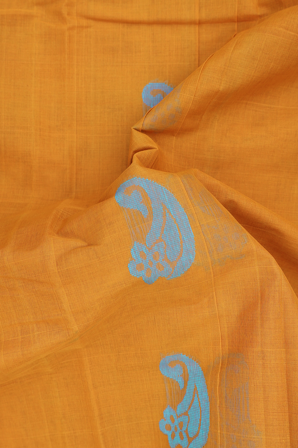 Kanchi Cotton Saree In Ochre Orange With Paisley Buttas