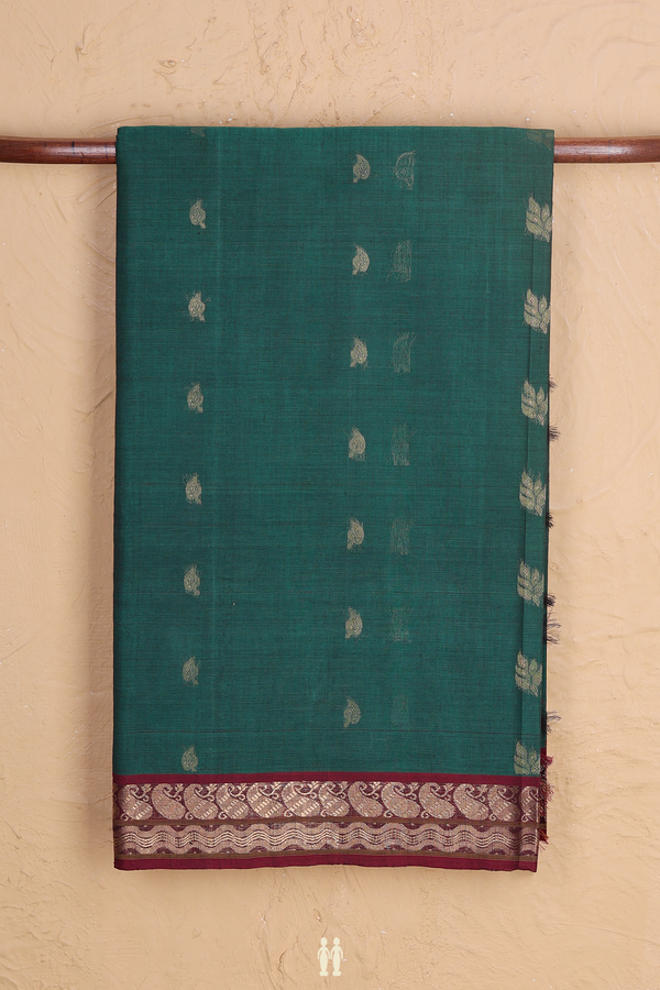 Coimbatore Cotton Saree In Green With Leaf Buttas