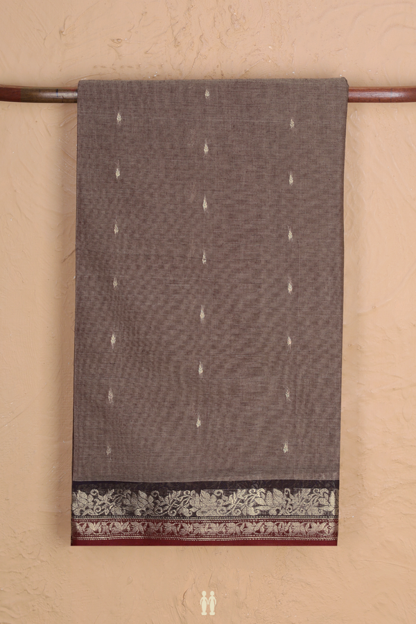 Coimbatore Cotton Saree In Oxford Brown With Leaf Buttis