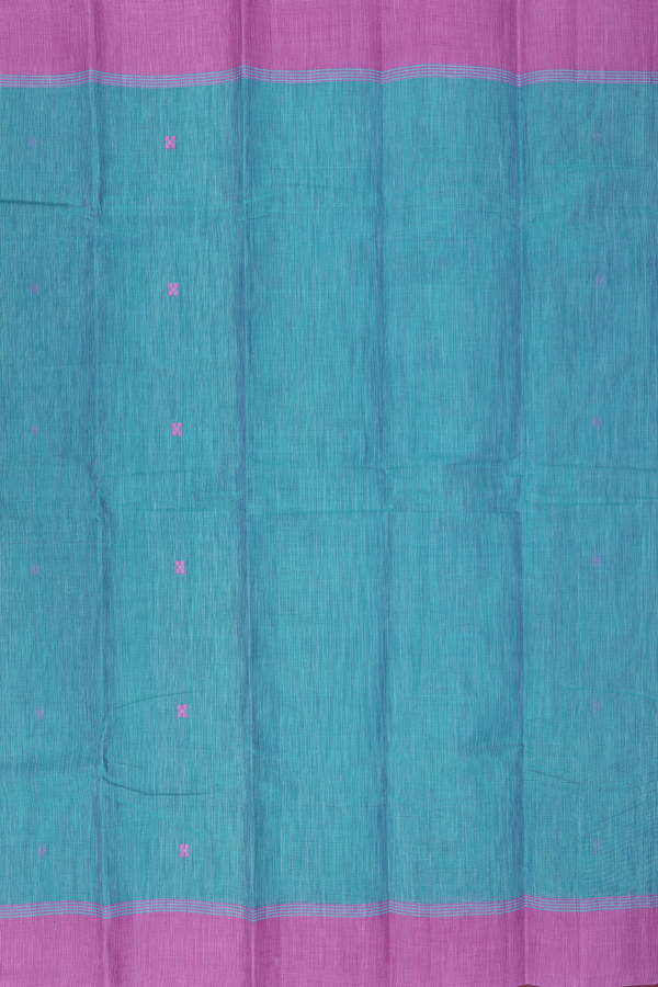 Kanchi Cotton Saree In Turkish Blue With Threadwork Buttas