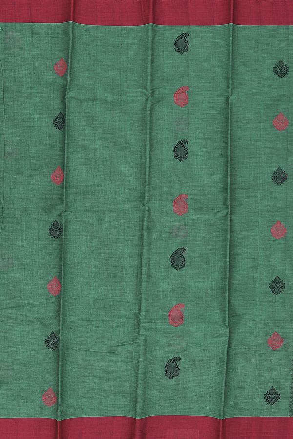 Kanchi Cotton Saree In Dusty Green With Paisley Buttas