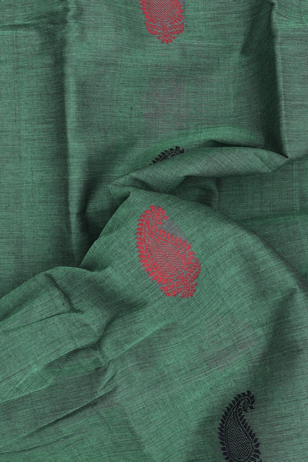 Kanchi Cotton Saree In Dusty Green With Paisley Buttas