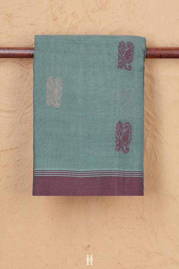 Kanchi Cotton Saree In Dusty Green With Threadwork Buttas