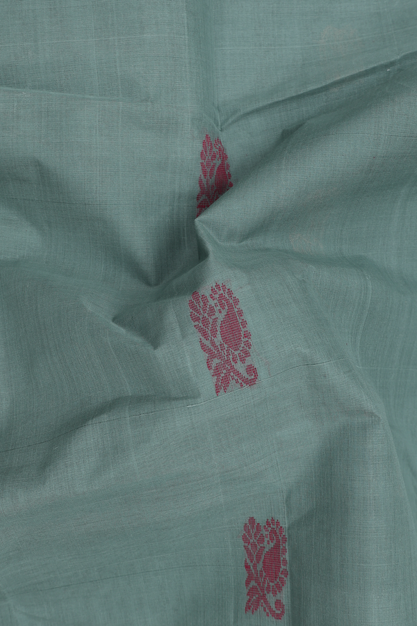 Kanchi Cotton Saree In Dusty Green With Threadwork Buttas