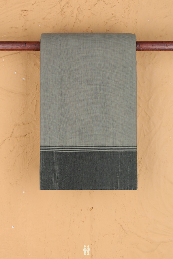 Kanchi Cotton Saree In Plain Sage Grey With Contrast Border