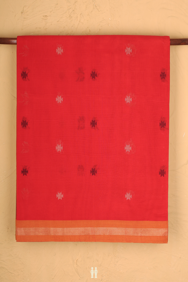Coimbatore Cotton Saree In Scarlet Red With Threadwork Buttas