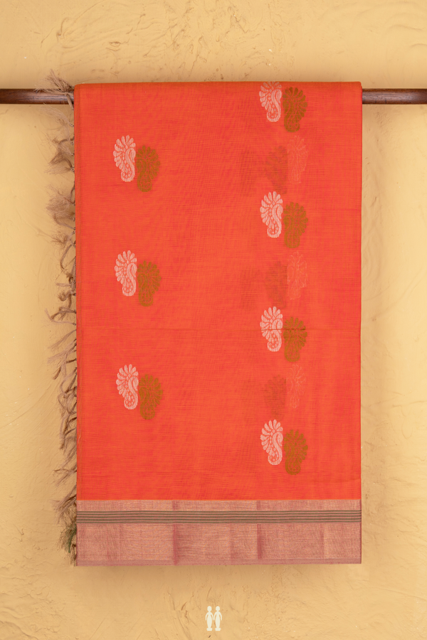 Coimbatore Cotton Saree In Bright Orange With Threadwork Buttas