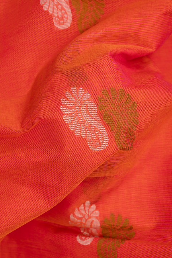 Coimbatore Cotton Saree In Bright Orange With Threadwork Buttas