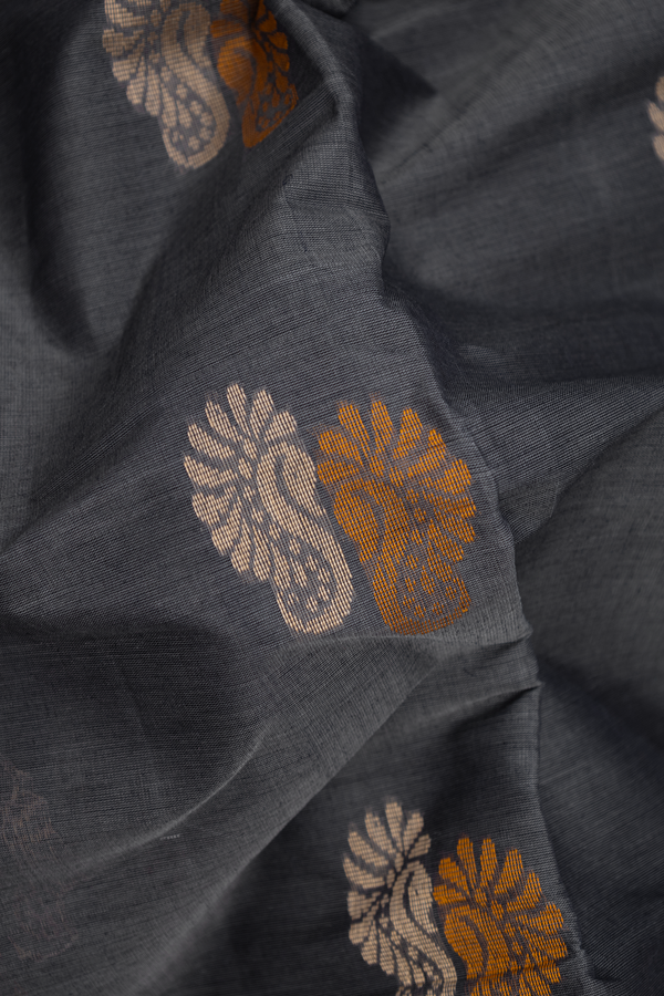 Coimbatore Cotton Saree Charcoal Grey With Threadwork Buttas
