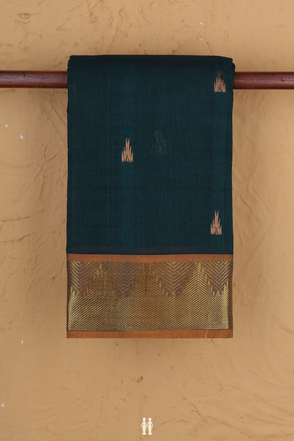 Kanchi Cotton Saree In Midnight Green With Temple Buttas