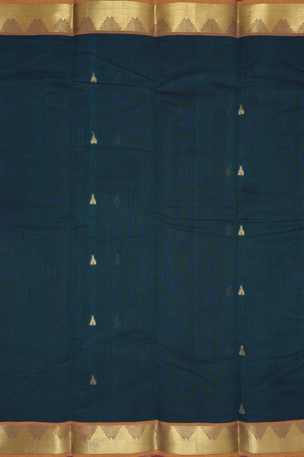 Kanchi Cotton Saree In Midnight Green With Temple Buttas
